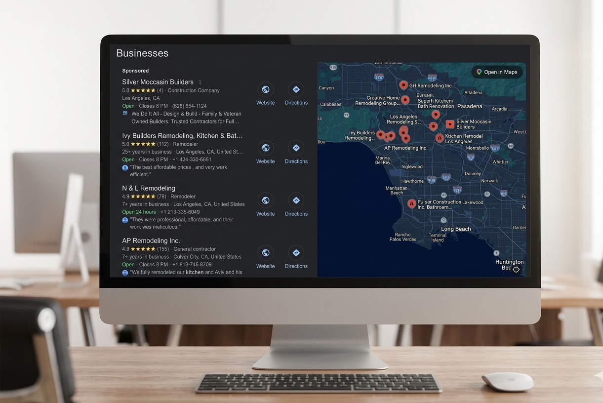 Google Maps map pack showing remodeling contractors in the service area